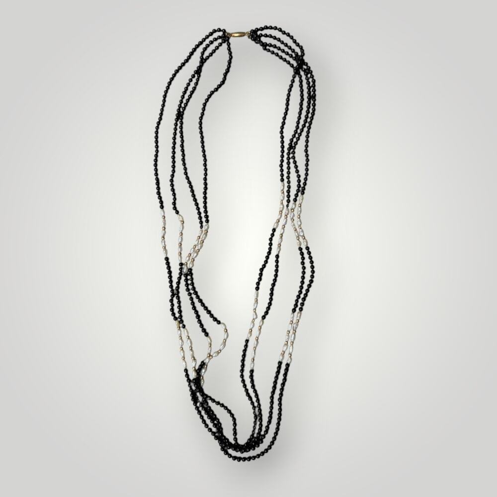 14K Gold Clasp Italy Multi Strand Necklace Black Bead & Pearl Long 74.1g 30 inch
